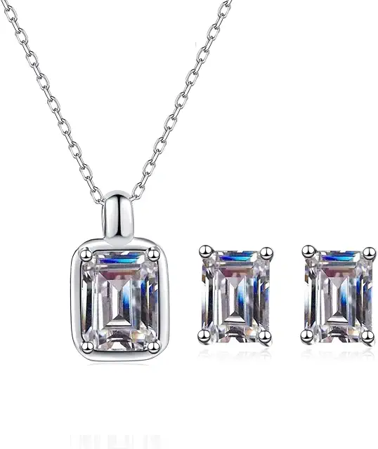 14K Gold 1/2 Carat Diamond Necklace & Stud Earrings Set, Emerald Cut Design Two-Piece Jewelry Set