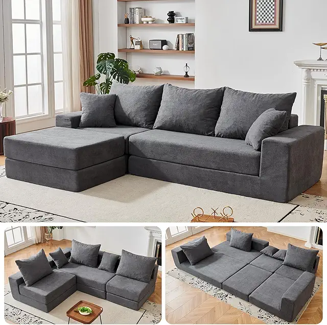Modular Sectional Couch, Modern 3-Seater Boneless Cloud Sleeper Sofa, L-Shaped Convertible Sectional with Non-Slip Bottom